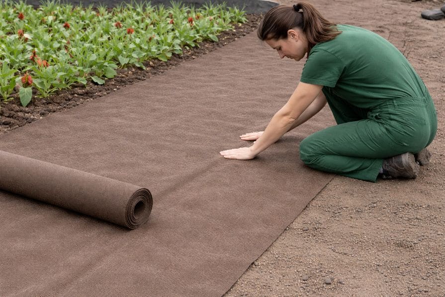 Záhradníčka kľačí a rozbaľuje netkanú textíliu pri zakladaní nového záhradného záhonu.
